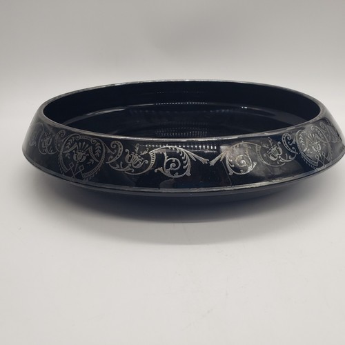 Art Deco Amethyst Black Glass Silver Overlay Bowl 12.5" ~ Marked Sterling - Picture 3 of 12