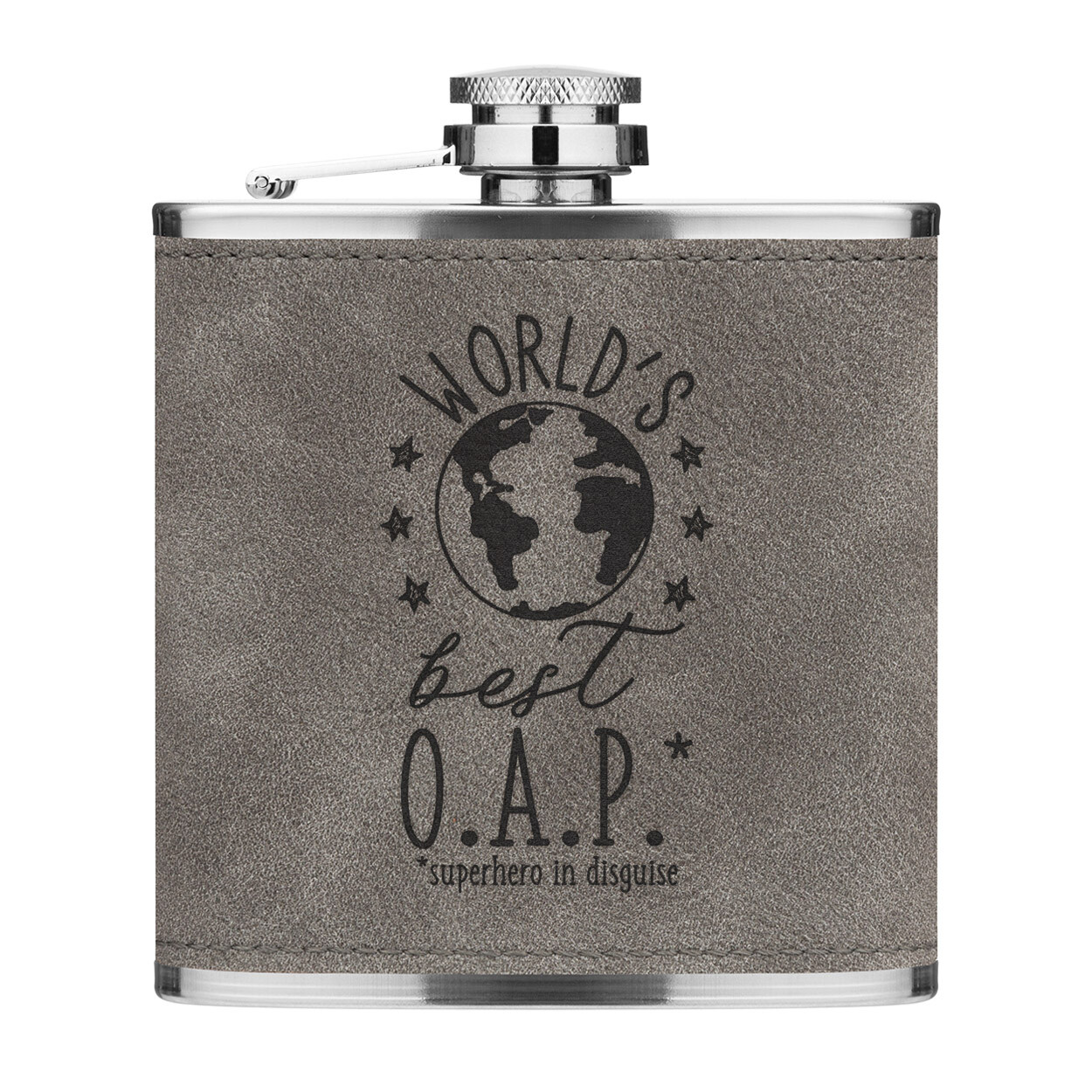 World's Best OAP 6oz PU Leather Hip Flask Grey Funny Favourite Grandma Grandad