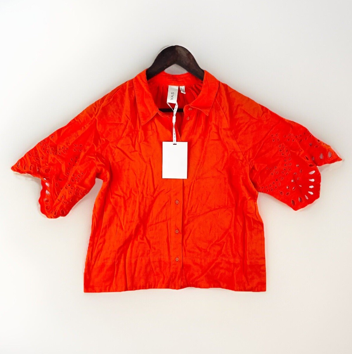 YAS Elva Shirt Womens M Cherry Tomato Eyelet Embroidery Sleeve Button Up New