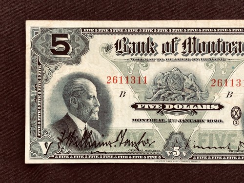 BANKNOTE BANK OF MONTREAL CANADA 1923 $5 FIVE DOLLARS #2611311 - Picture 2 of 6