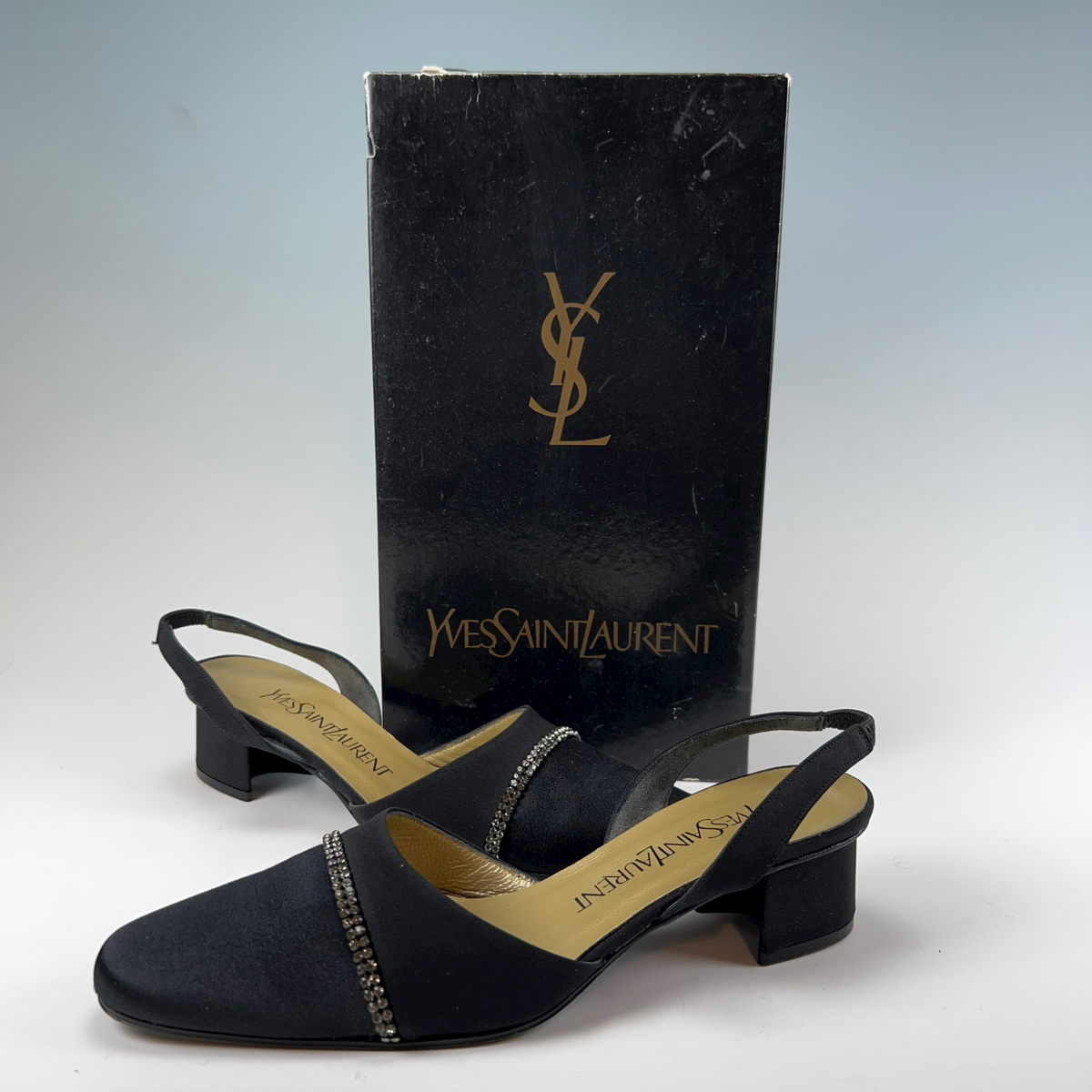 VTG 90s YSL Yves Saint Laurent Womens 6.5 Chunky Heel Black Satin
