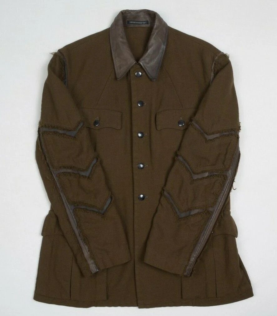 YOHJI YAMAMOTO POUR HOMME LINEN WOOL Four Pocket Jacket Men Coat 2 Leather panel