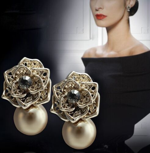 Lady Elegant Large Rhinestone Floral Shell Double Pearls Stud Earrings Huggie - Picture 17 of 21