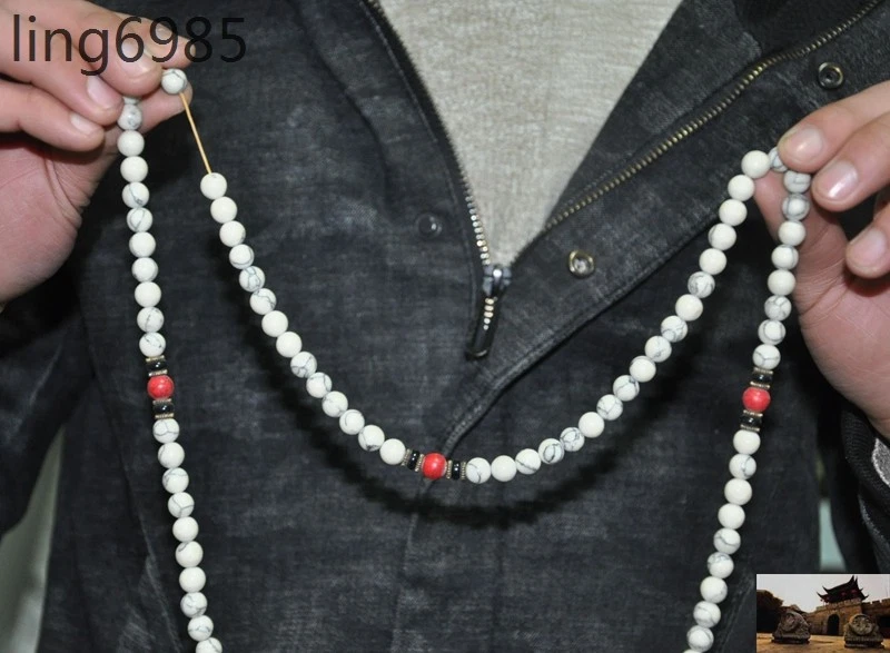 Antiguo Tíbet Budismo Bronce Blanco Jade Piedra Coral Rojo Oración Cuentas Amuleto Colgante Foto 2 de 4