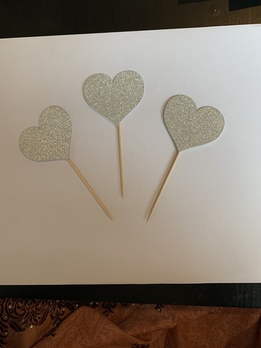 12 Heart Cupcake Toppers Birthday Party Celebrations SILVER Glitter Card 5cm - Picture 3 of 5