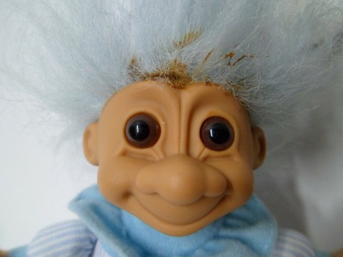 Vintage Russ Troll Doll Striped Pajamas Blue Hair Plush Toy With Stains - Picture 2 of 8