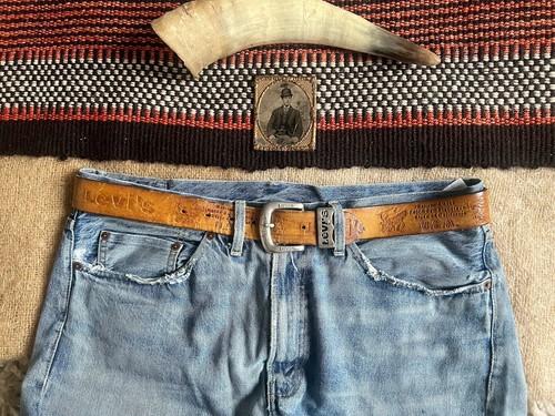 Levi's Vintage Embossed Leather Belt 34"- 40" Two Horse USA Western Supple Tan