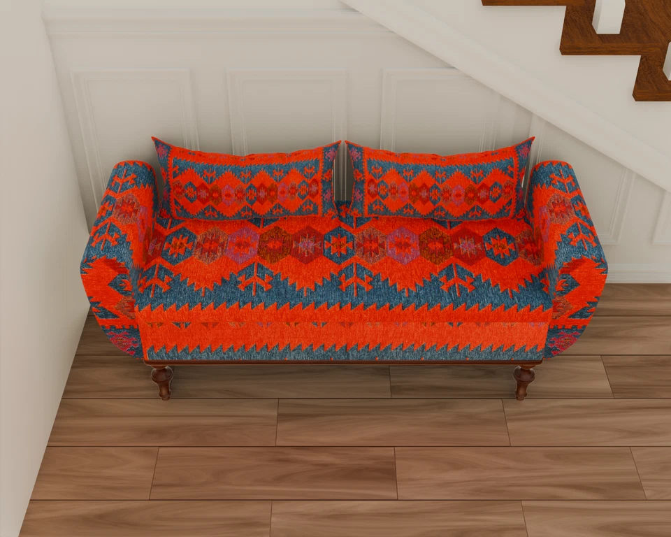 Red Blue Contemporary Kilim Pattern Armed Storage Bench Sofa without Back - Image 2 of 4