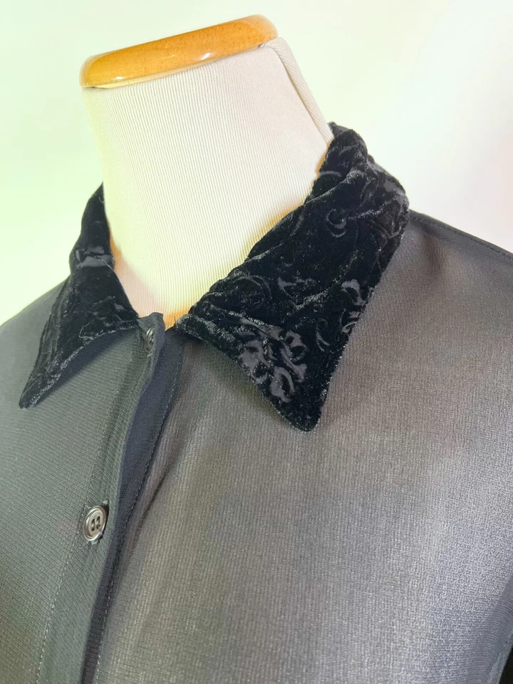 Vestido de crepé negro transparente Johnny Was talla S vintage de los años 90 ribete de terciopelo Foto 4 de 4