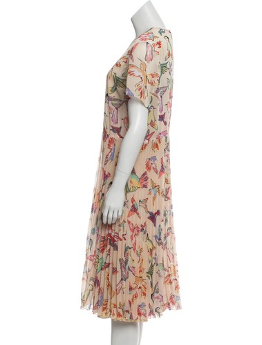 Red Valentino Hummingbird Print Short Sleeve Dress Pleated Lower Midi Sz 6 - Picture 2 of 7