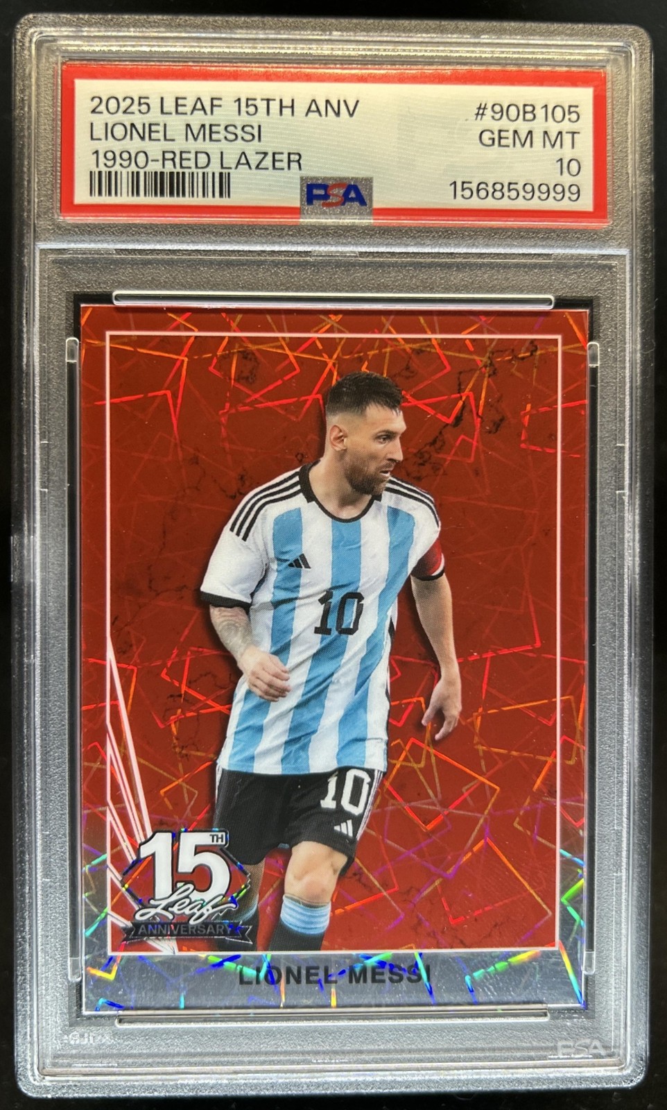 2025 Leaf 15th Anniversary NSCC Lionel Messi 1990 Lazer Red #/3 PSA 10 GEM MINT
