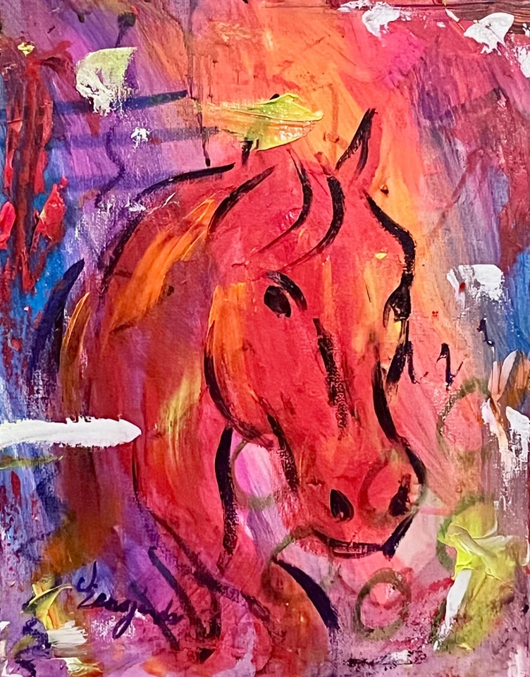 Arte firmado en lienzo GUAJARDO Original Expresionismo Caballo Rojo Neón 14X11 Foto 4 de 4