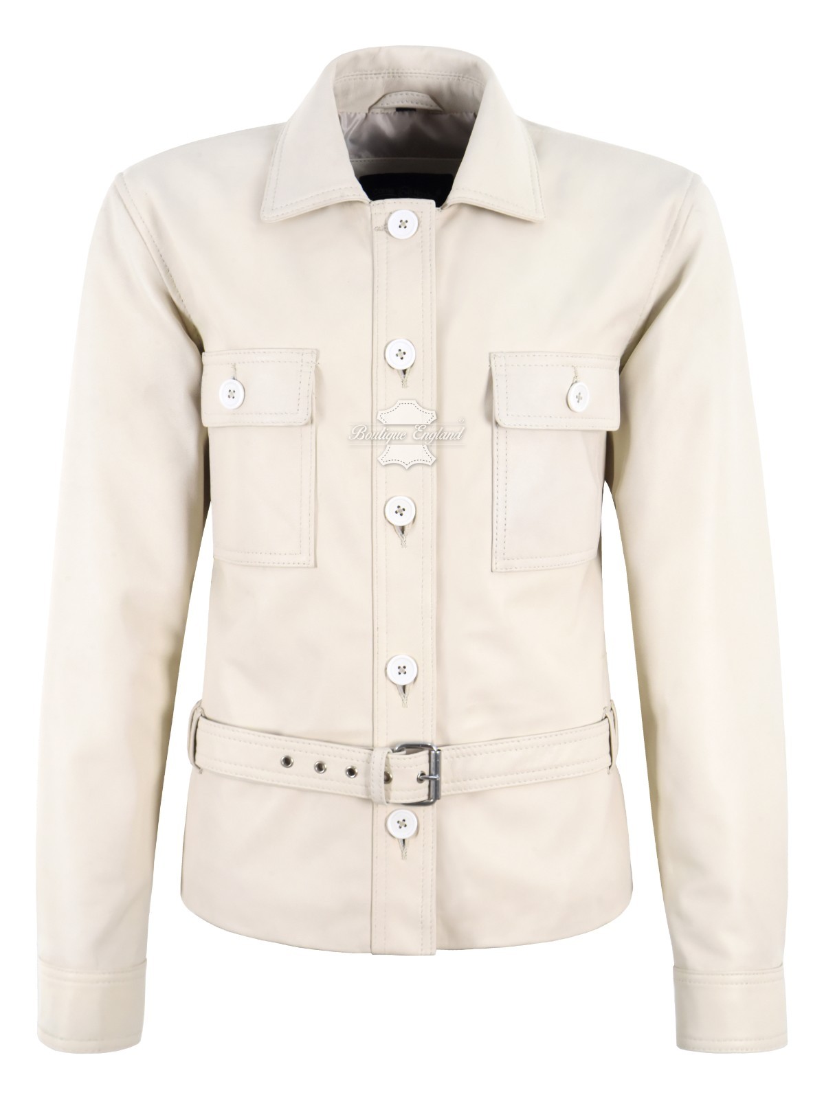 Chaqueta de Cuero Napa Suave para Mujer Marfil Estilo Safari Botón Frontal Chaqueta con Cinturón