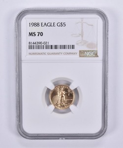 1988 $5 American Gold Eagle 1/10 oz Gold MS70 NGC Brown Label *8799