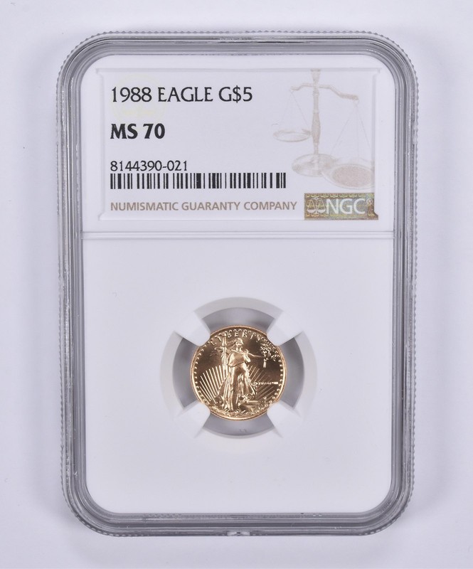 1988 $5 American Gold Eagle 1/10 oz Gold MS70 NGC Brown Label *8799