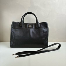 Chanel Cerf Tote Woman Shoulder Bag Medium Black Grain Leather Silver Hardware