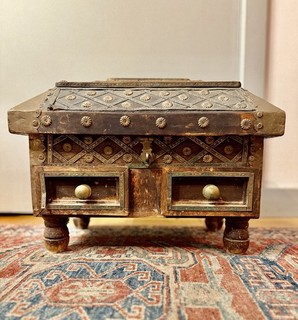 Antique Wooden Bank Chest Brass Embossed Drawers 16x10x12in Metal Finish