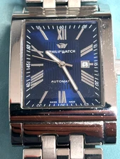 Philip Watch Rectangular Auto Stainless Steel Blue Dial Swiss Made 8223425015
