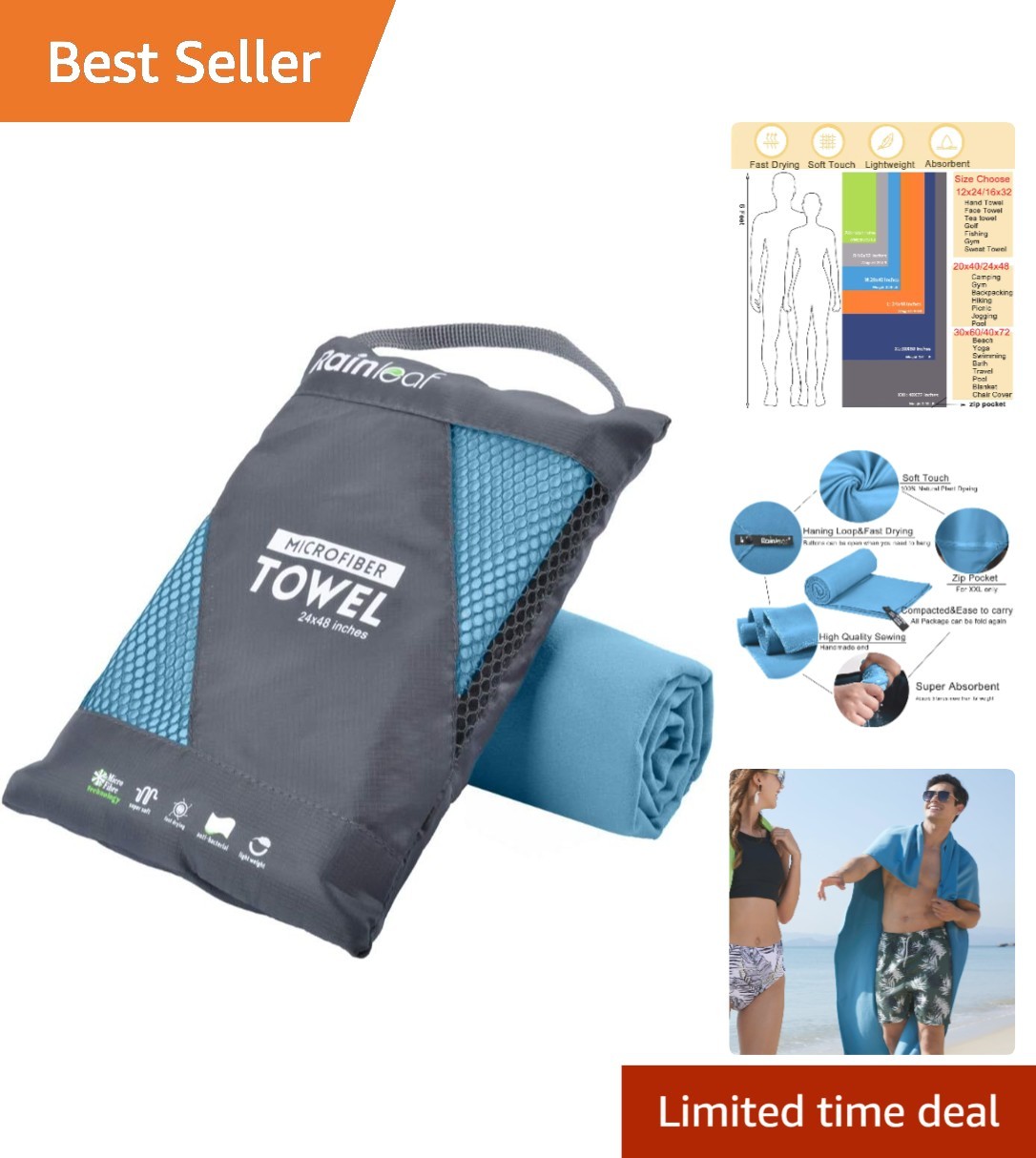 Quick Dry Microfiber Towel with Zipper Pocket - Perfect for Camping and Pool