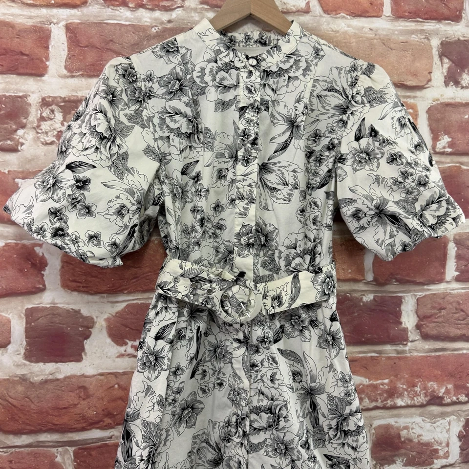 Joie Dress Womens 4 White Black Floral Belted Puff Sleeve Belted Button Front - Image 3 of 4