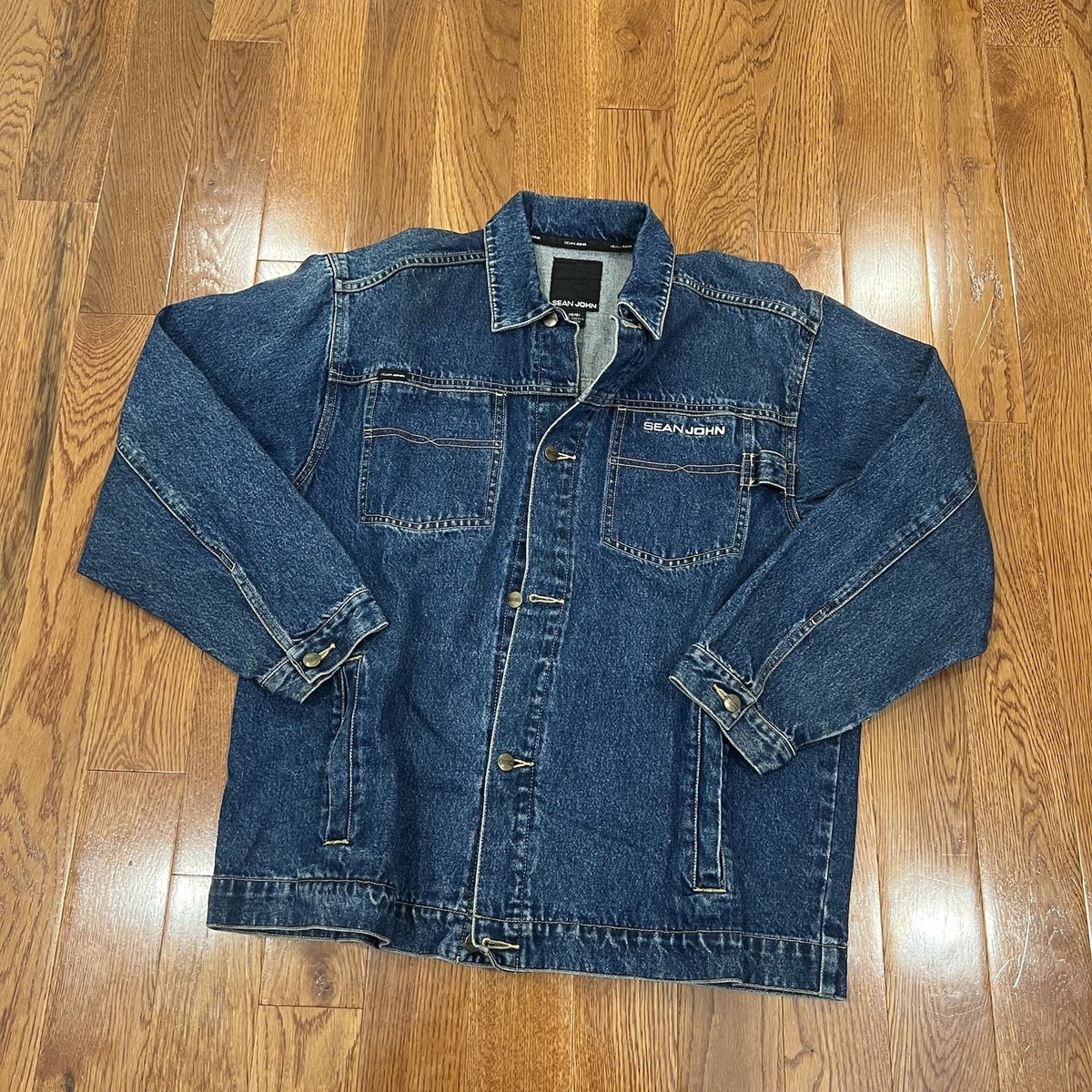 VTG Y2K Streetwear Style Trucker Jacket Sz L Dark Blue Sean John