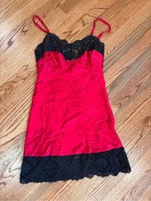 Victoria  s Secret 100 Silk Red Black Lace Chemise Slip Dress Nightgown S Y2K