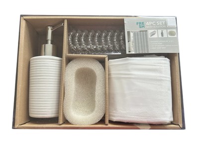 Bathroom Accessory Complete Set Soap Dish Lotion Pump Shower Curtain & Hooks New