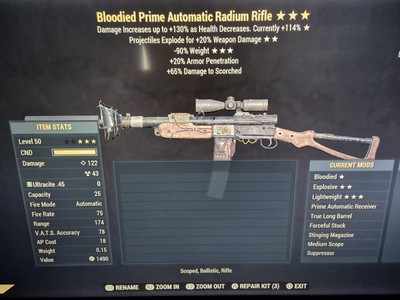 Fallout 76 Item (PS4/5) - BLOODIED, EXPLOSIVE, REDUCED WEIGHT RADIUM - GOD ROLL