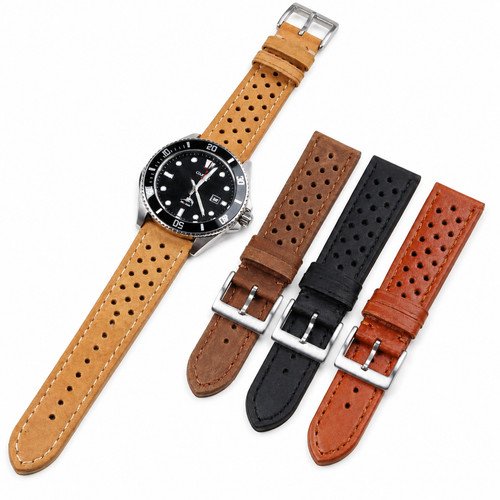 Genuine Leather Racing Watch Strap Perforated Rally Style 18mm 20mm 22mm