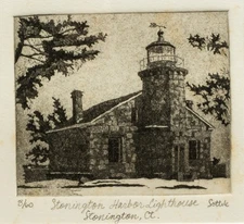 Vintage Connecticut Etching, Stonington Harbor Lighthouse, Signed