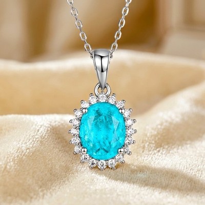 Collar de Turmalina Paraiba 8x10mm | Colgante Hecho a Mano en Plata de Ley 925