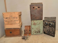 4 oak telephone boxes & General Radio Co shipping wood crate collectible box lot
