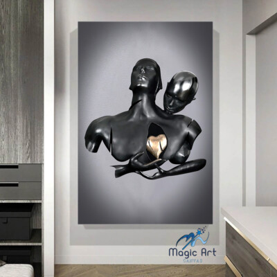 Couple Wall Art - CANVAS 3D Effect Art - Golden Heart, Master Bedroom Decor