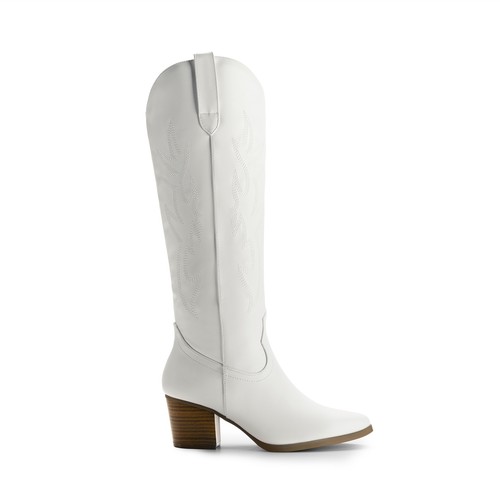 Women Western Knee High Boots Low Chunky Heel Pointed Toe Cowboy Boots - Picture 9 of 27
