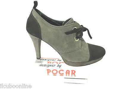 SCARPA DONNA FRANCESINA MARCA POCAR CAMOSCIO GRIGIO E NERO TACCO