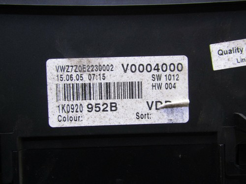 VOLKSWAGEN GOLF MK5 2004-2008 1.9 TDI SPEEDOMETER/INSTRUMENT CLUSTER 1K0920952B - Picture 3 of 3