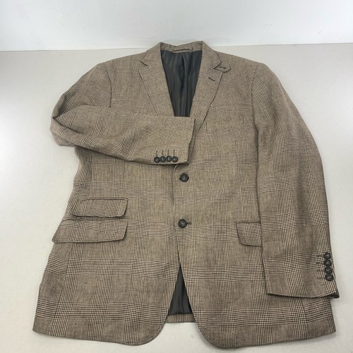 Marks & Spencer Nova Fides Blazer Mens 42R Brown Check 100% Flax Linen Jacket - Picture 9 of 16