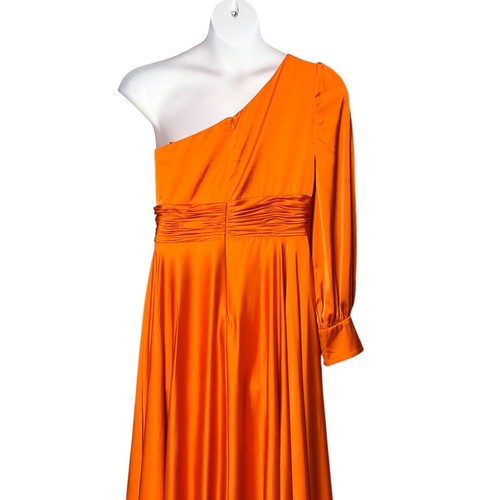 NEW Mac Duggal Ieena One Shoulder Bishop Sleeve Gown Spice Orange Pockets Sz 12 - Picture 11 of 14