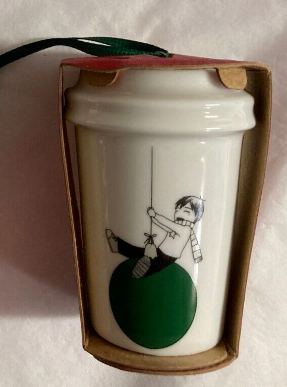 Starbucks Holiday Christmas Ornament 2015 Coffee Mini To Go Cup Boy with Balloon