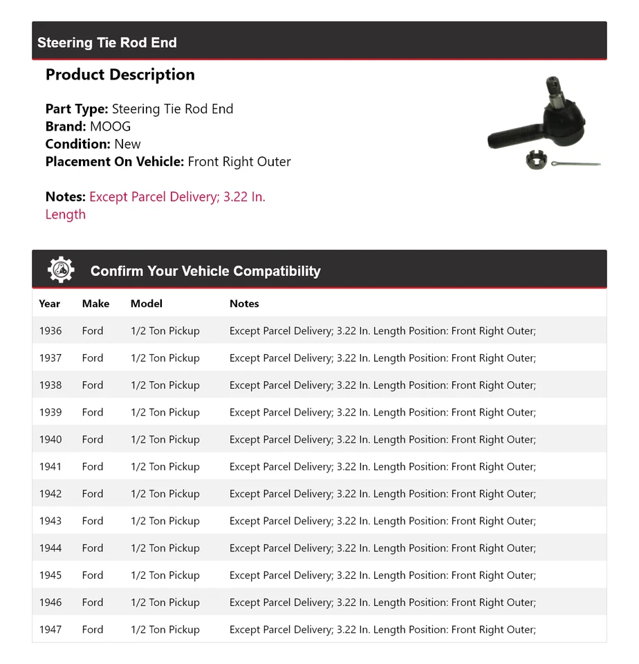 Para camioneta Ford 1936-1947 1/2 tonelada extremo de barra de dirección delantero derecho exterior MOOG Foto 2 de 4