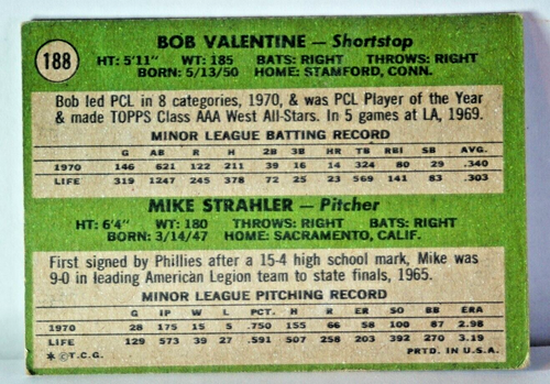 1971 Topps # 188 Dodgers Rookies Bob Valentine Mike Strahler - Bild 2 von 2