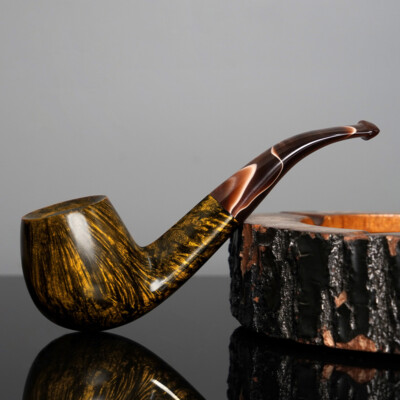 Handmade Briar Tobacco Pipe Smooth Wooden Pipe with 9mm Filter Bent Acrylic Stem