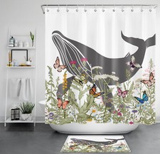 Butterfly Green Leaf Pink Wildflower Whale Shower Curtain Set for Bathroom Decor