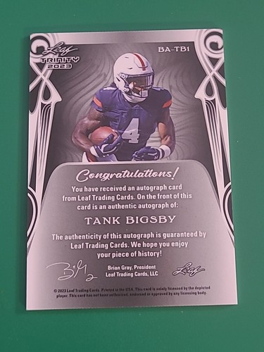2023 Tank Bigsby LEAF TRINITY XRC ROOKIE AUTO 39/99 AUBURN / JAGUARS - Picture 2 of 3