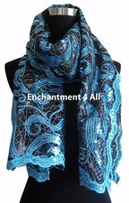 Elegant Oblong Lace Floral Art Scarf Wrap w/ Sequin Black/Blue