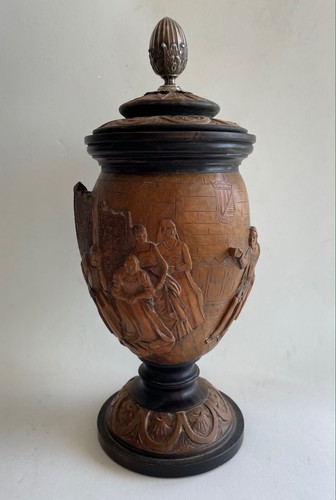 Antique Chalice Wooden Carved History Historied Scene Silver Handle - Picture 4 of 12