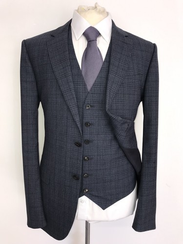REISS - TRAJE DE LANA A CUADROS AZUL 3 PIEZAS AJUSTADO PARA HOMBRE - 38 Reg - W32 L32 - HERMOSO