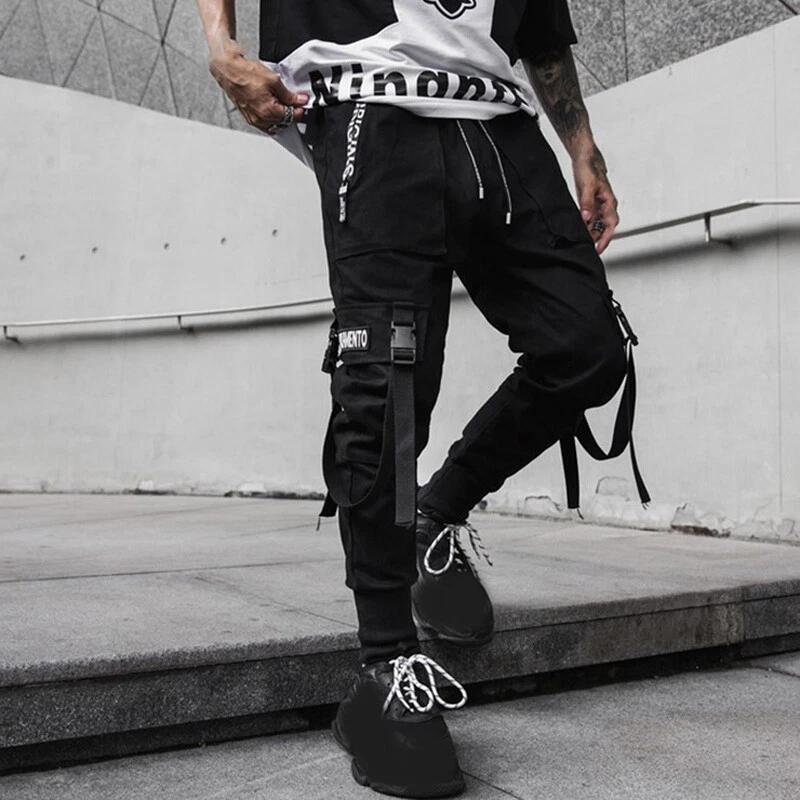 Spring Men Goth Suspender Pocket Pants Hip Hop Cargo Trousers Punk Casual  Pants