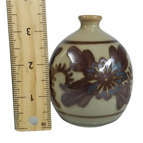 Vintage BALL VASE small neck mouth ART POTTERY Brown FLowers Floral Design 3.5" - Picture 7 of 8