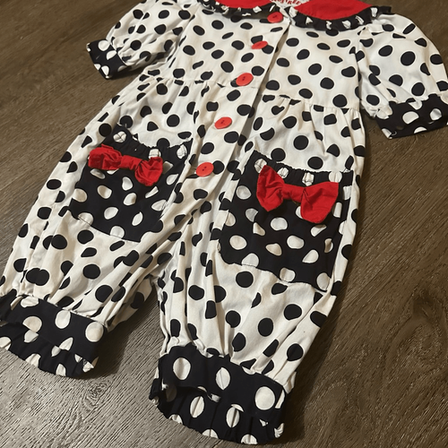 Vintage Little Girls Polka Dot Bow Button Up Jumper Outfit Retro Size 4 Toddlers - Picture 2 of 9